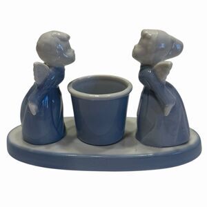 Angel Candle Holder 6" Blue White Ceramic Colonial Candle Japan Vintage Decor